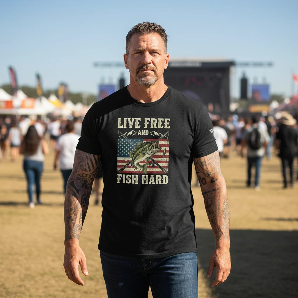 Live Free and Fish Hard Patriotic Bass Tee