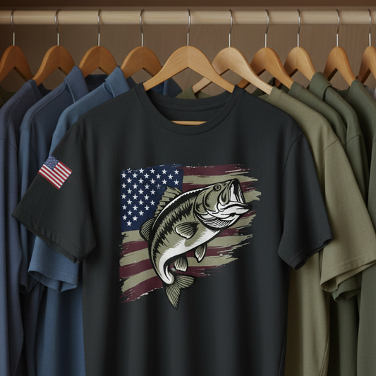 Black t-shirt with fish and American flag design hanging on a rack among other shirts.
