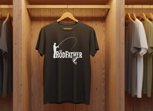 Black t-shirt with 'The Rod Father' graphic on a wooden rack.