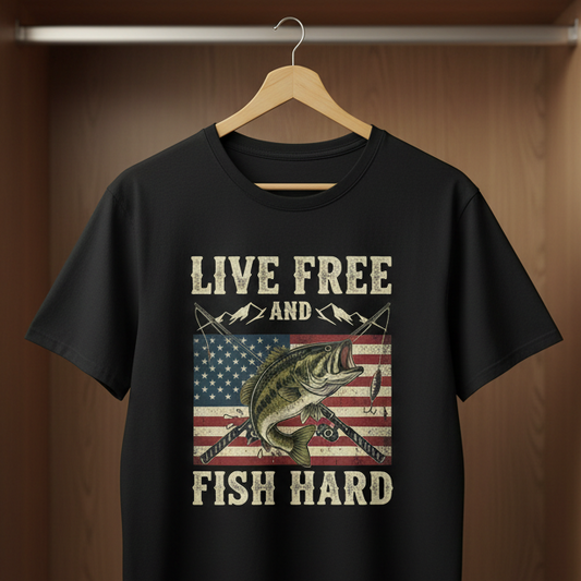 Live Free and Fish Hard Patriotic Bass Tee