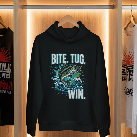 Collection of hoodies and t-shirts with graphic designs on a wooden shelf.