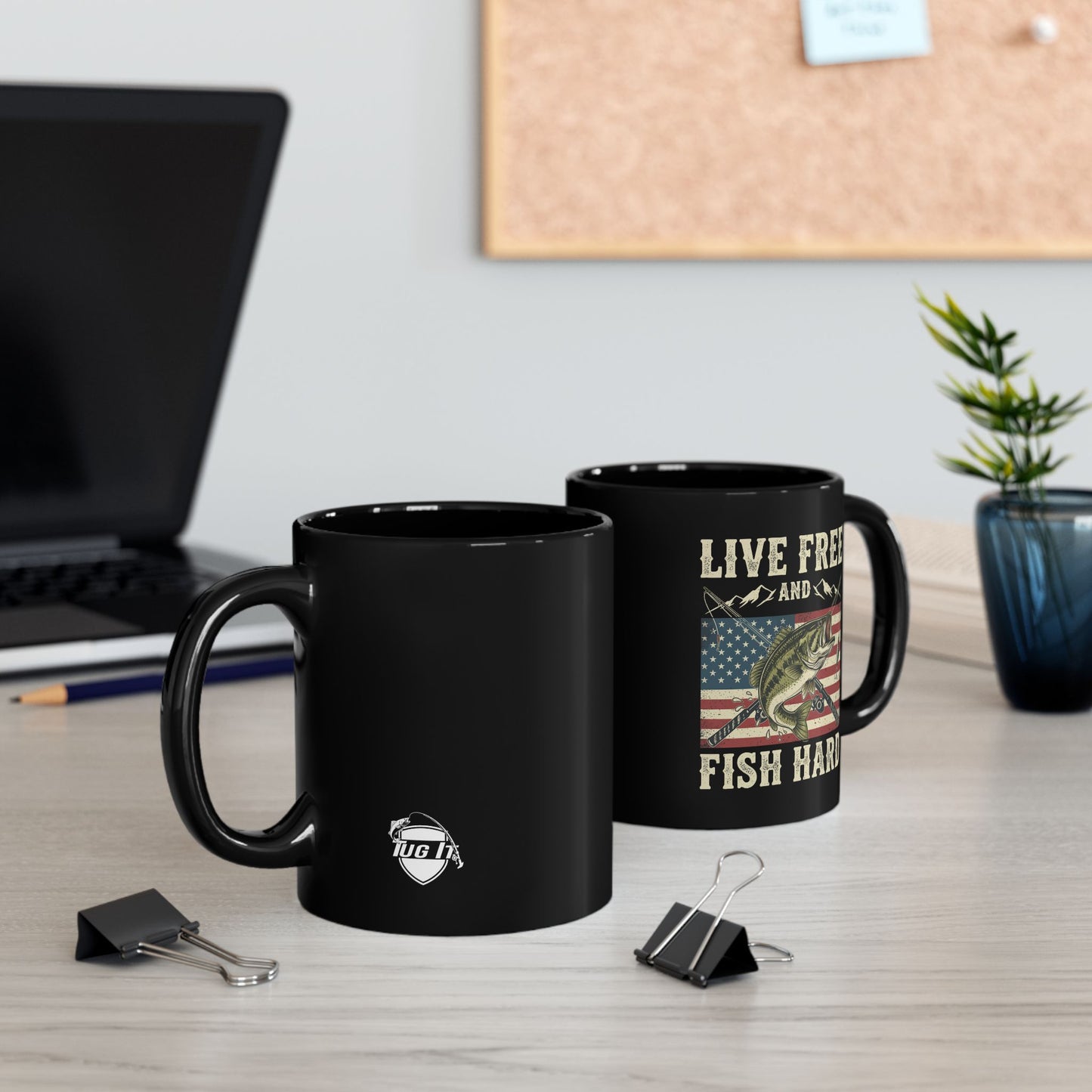 Live Free and Fish Hard Black Coffee Mug — Patriotic Fishing Gift (11oz & 15oz)