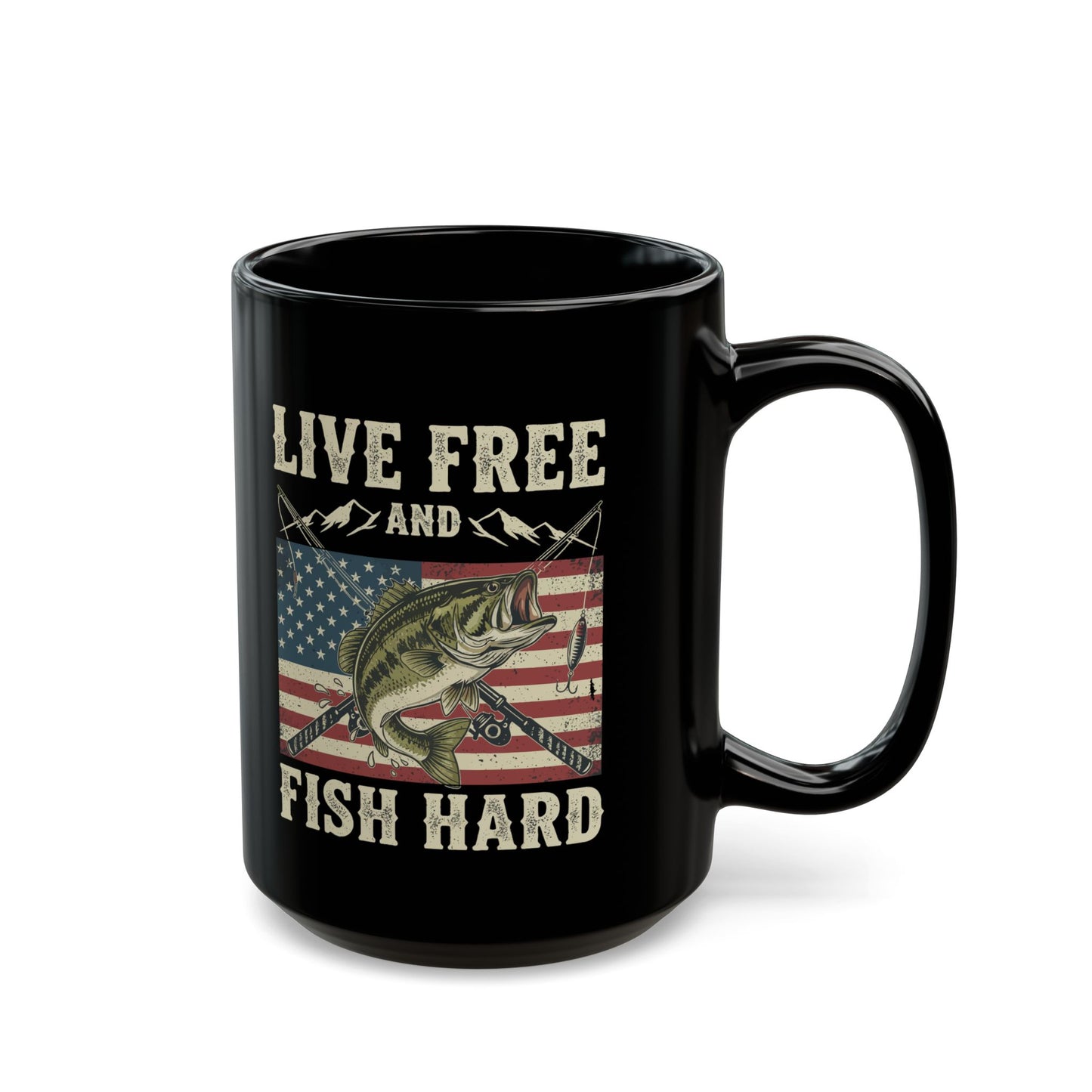 Live Free and Fish Hard Black Coffee Mug — Patriotic Fishing Gift (11oz & 15oz)