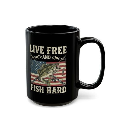 Live Free and Fish Hard Black Coffee Mug — Patriotic Fishing Gift (11oz & 15oz)