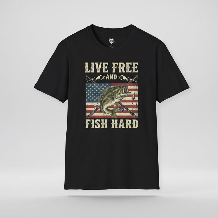 Black t-shirt with American flag and fishing graphic on a gray background