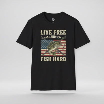 Black t-shirt with American flag and fishing graphic on a gray background