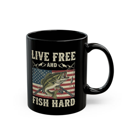 Live Free and Fish Hard Black Coffee Mug — Patriotic Fishing Gift (11oz & 15oz)