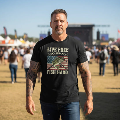 Live Free and Fish Hard Patriotic Bass Tee