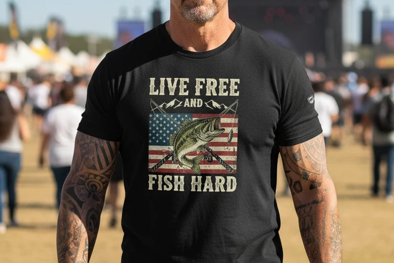 Live Free and Fish Hard Patriotic Bass Tee