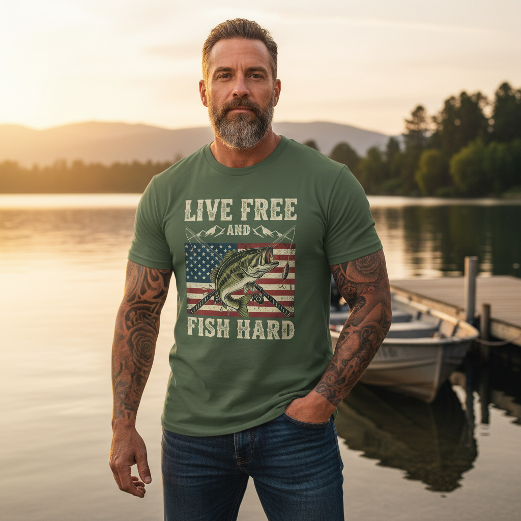 Live Free and Fish Hard Patriotic Bass Tee