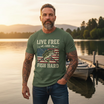 Live Free and Fish Hard Patriotic Bass Tee