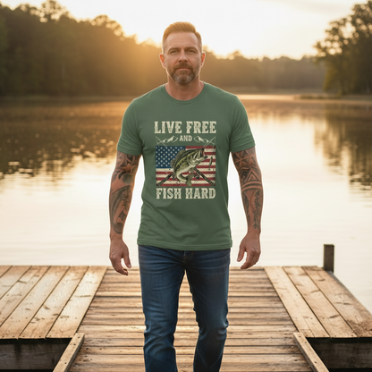 Live Free and Fish Hard Patriotic Bass Tee