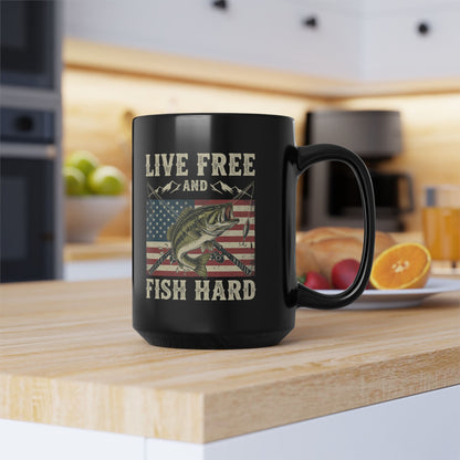 Live Free and Fish Hard Black Coffee Mug — Patriotic Fishing Gift (11oz & 15oz)