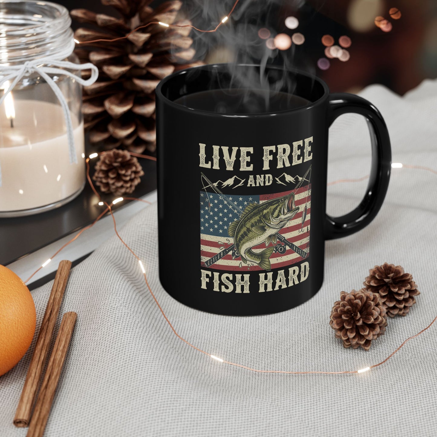 Live Free and Fish Hard Black Coffee Mug — Patriotic Fishing Gift (11oz & 15oz)