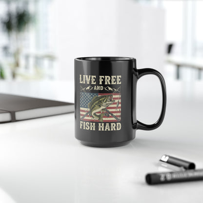 Live Free and Fish Hard Black Coffee Mug — Patriotic Fishing Gift (11oz & 15oz)