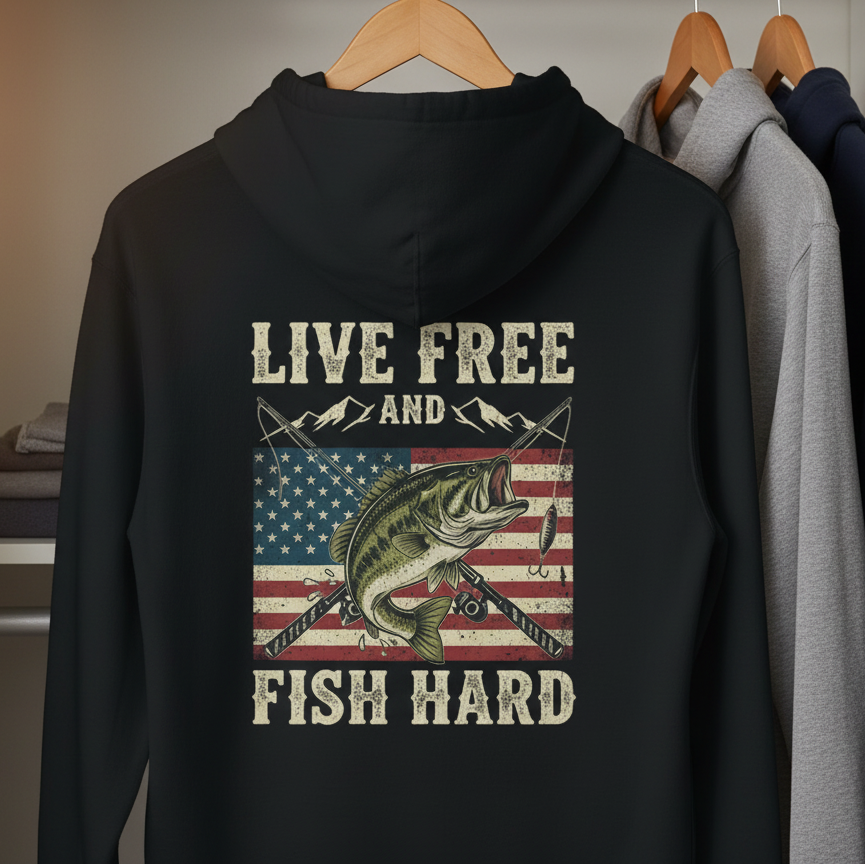 Black hoodie with 'Live Free and Fish Hard' graphic on a hanger against a neutral background.