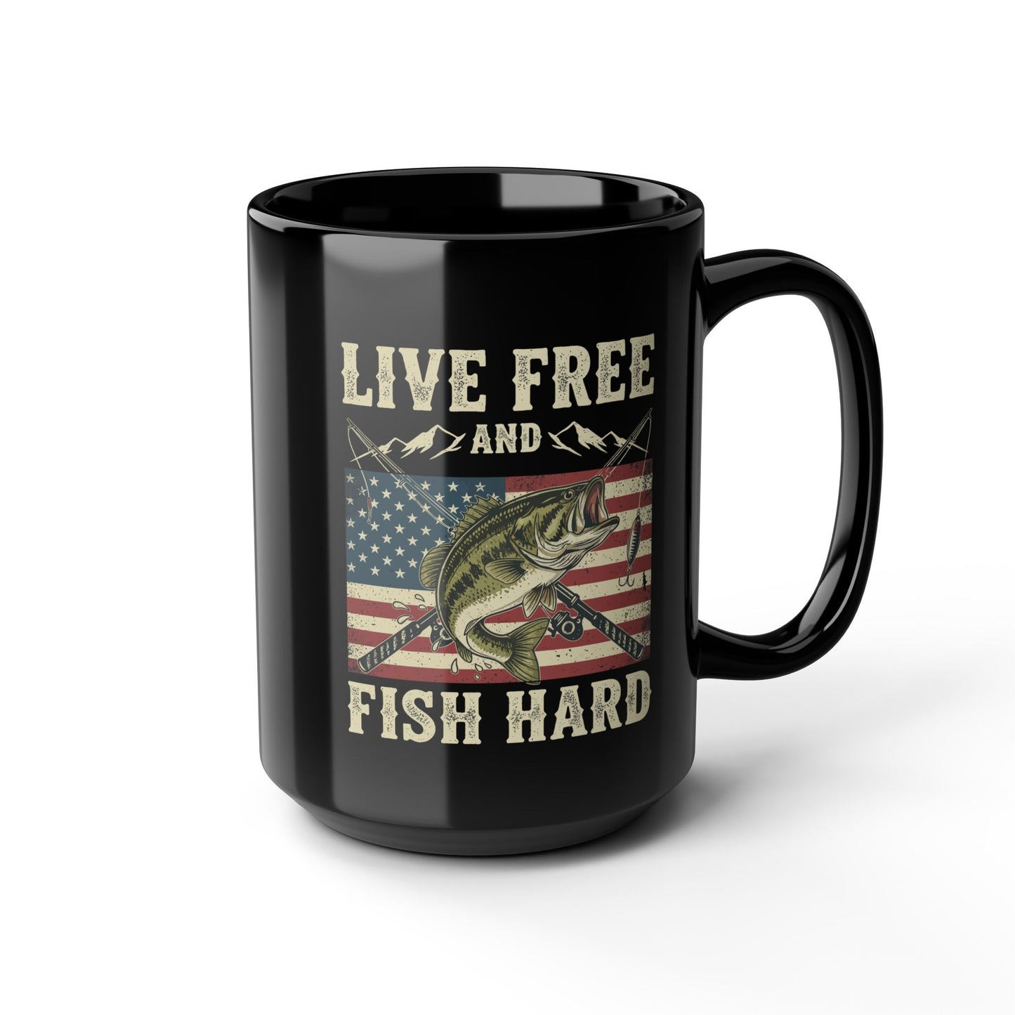 Live Free and Fish Hard Black Coffee Mug — Patriotic Fishing Gift (11oz & 15oz)