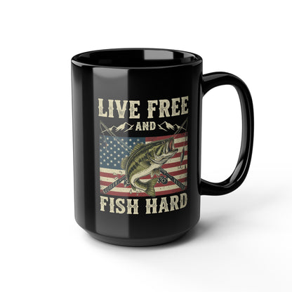Live Free and Fish Hard Black Coffee Mug — Patriotic Fishing Gift (11oz & 15oz)