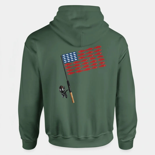 Green hoodie with American flag and fishing rod design on the back against a gray background