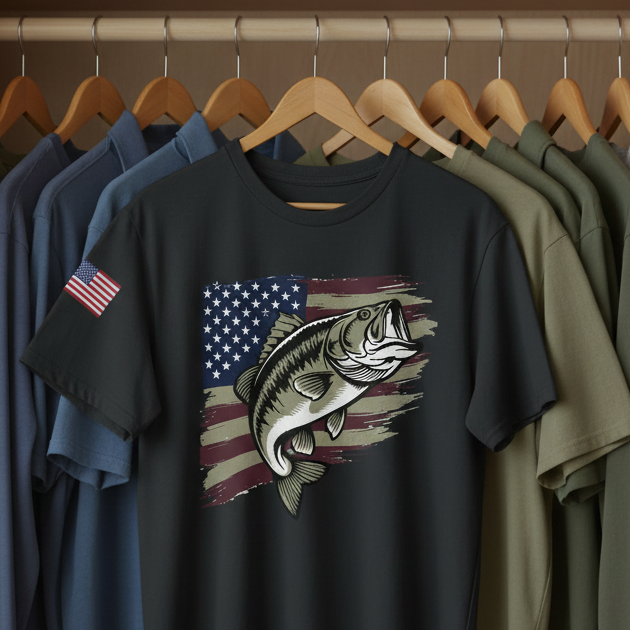 Black t-shirt with fish and American flag design hanging on a rack among other shirts.