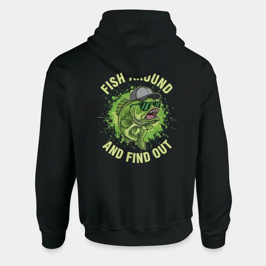 Black hoodie with a fish graphic and text on the back against a white background