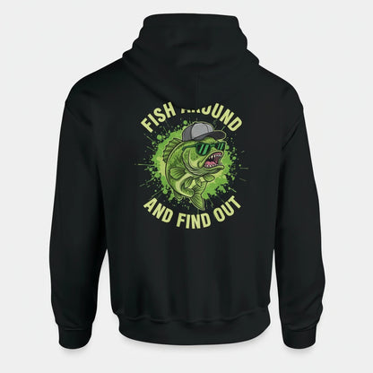Black hoodie with a fish graphic and text on the back against a white background