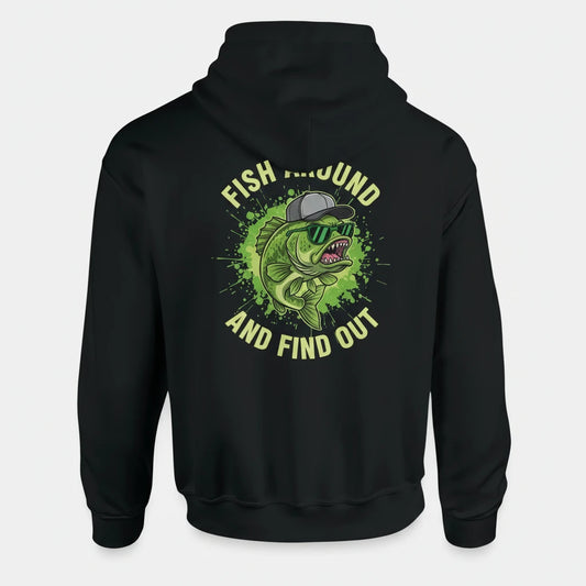 Black hoodie with a fish graphic and text on the back against a white background