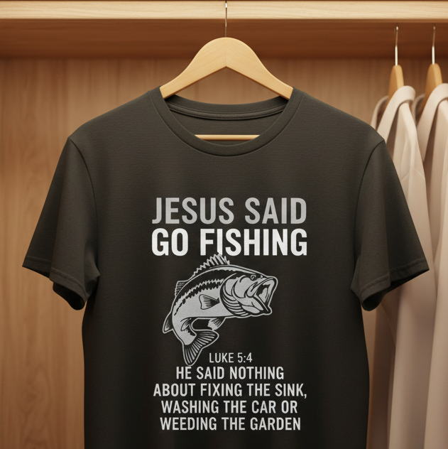 Black t-shirt with humorous design hanging on a wooden rack with other clothes.