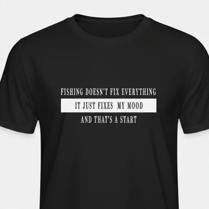 Black t-shirt with white text on a white background