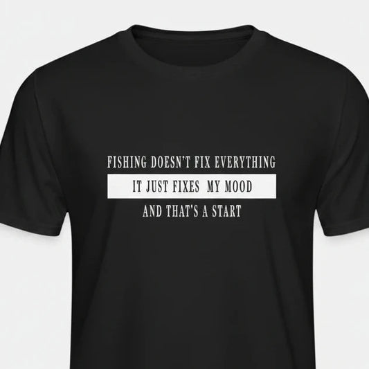 Black t-shirt with white text on a white background