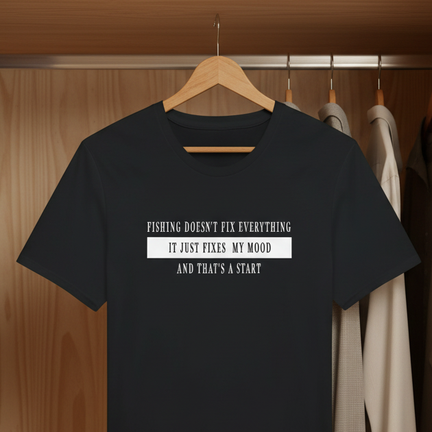Black t-shirt with humorous text on a hanger in a wardrobe.