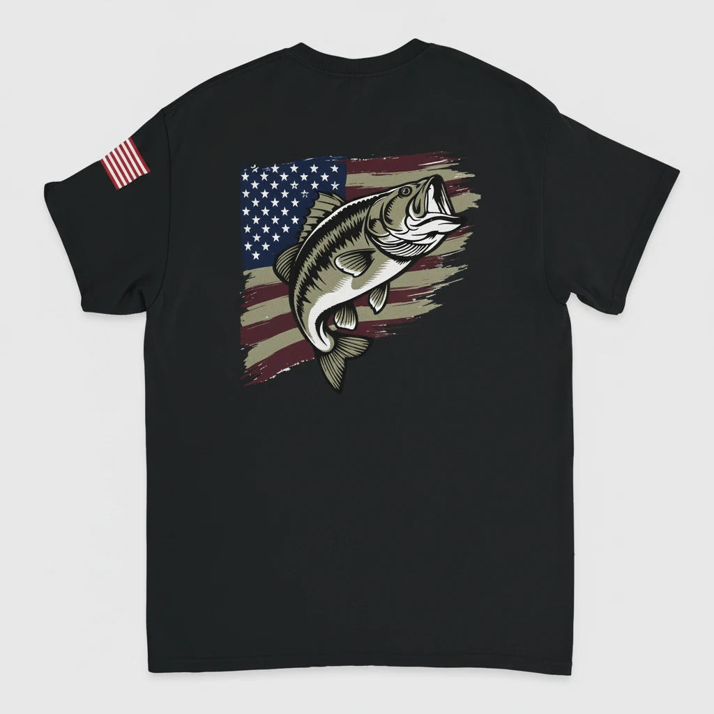 Black t-shirt with a bass fish and American flag design on a white background