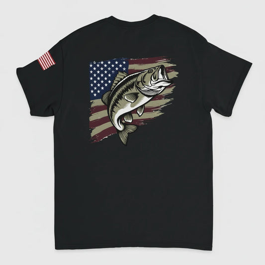 Black t-shirt with a bass fish and American flag design on a white background