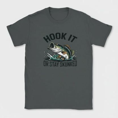 Gray t-shirt with a fish graphic and text 'Hook It or Stay Skunked' on a white background