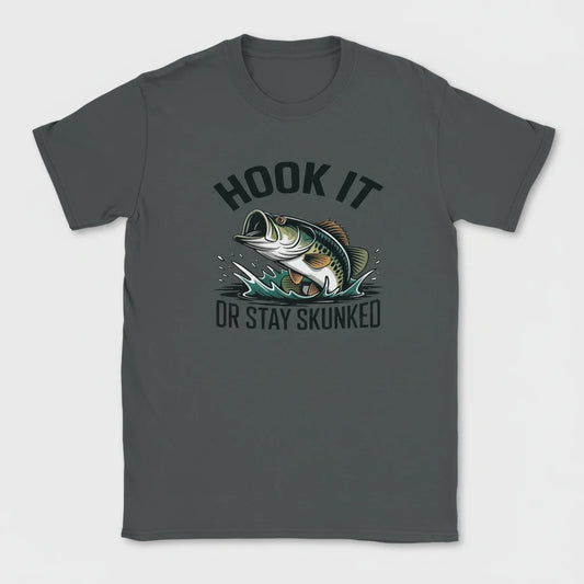 Gray t-shirt with a fish graphic and text 'Hook It or Stay Skunked' on a white background