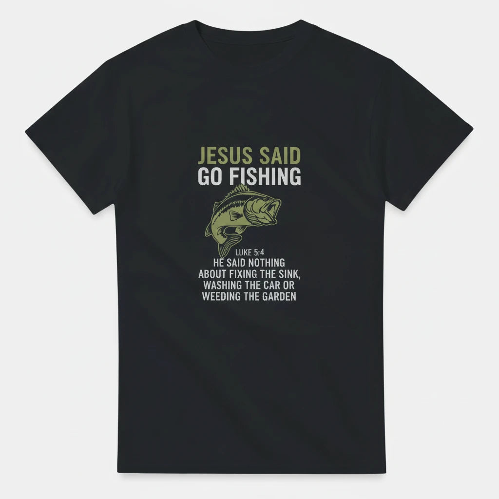 Black t-shirt with fishing-themed text and fish graphic on a white background