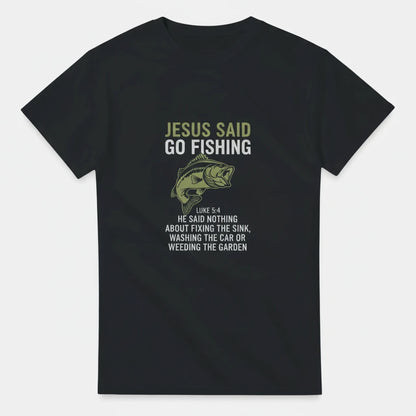 Black t-shirt with fishing-themed text and fish graphic on a white background