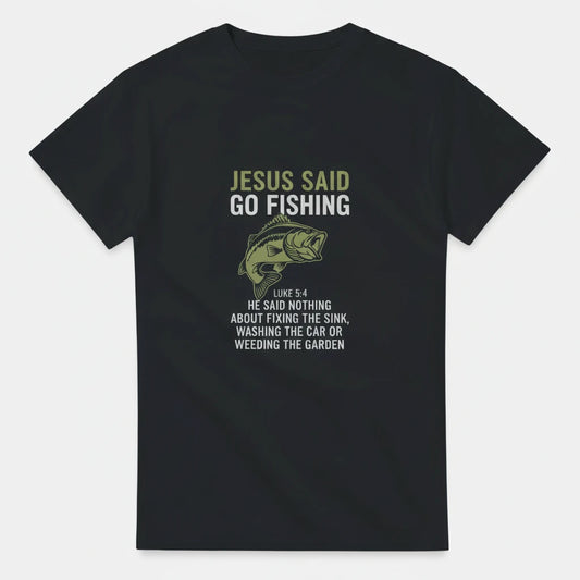 Black t-shirt with fishing-themed text and fish graphic on a white background