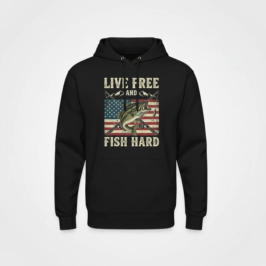 Black hoodie with 'Live Free and Fish Hard' graphic on the back