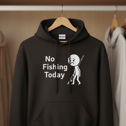 Black hoodie with 'No Fishing Today' text and graphic on a rack of clothes