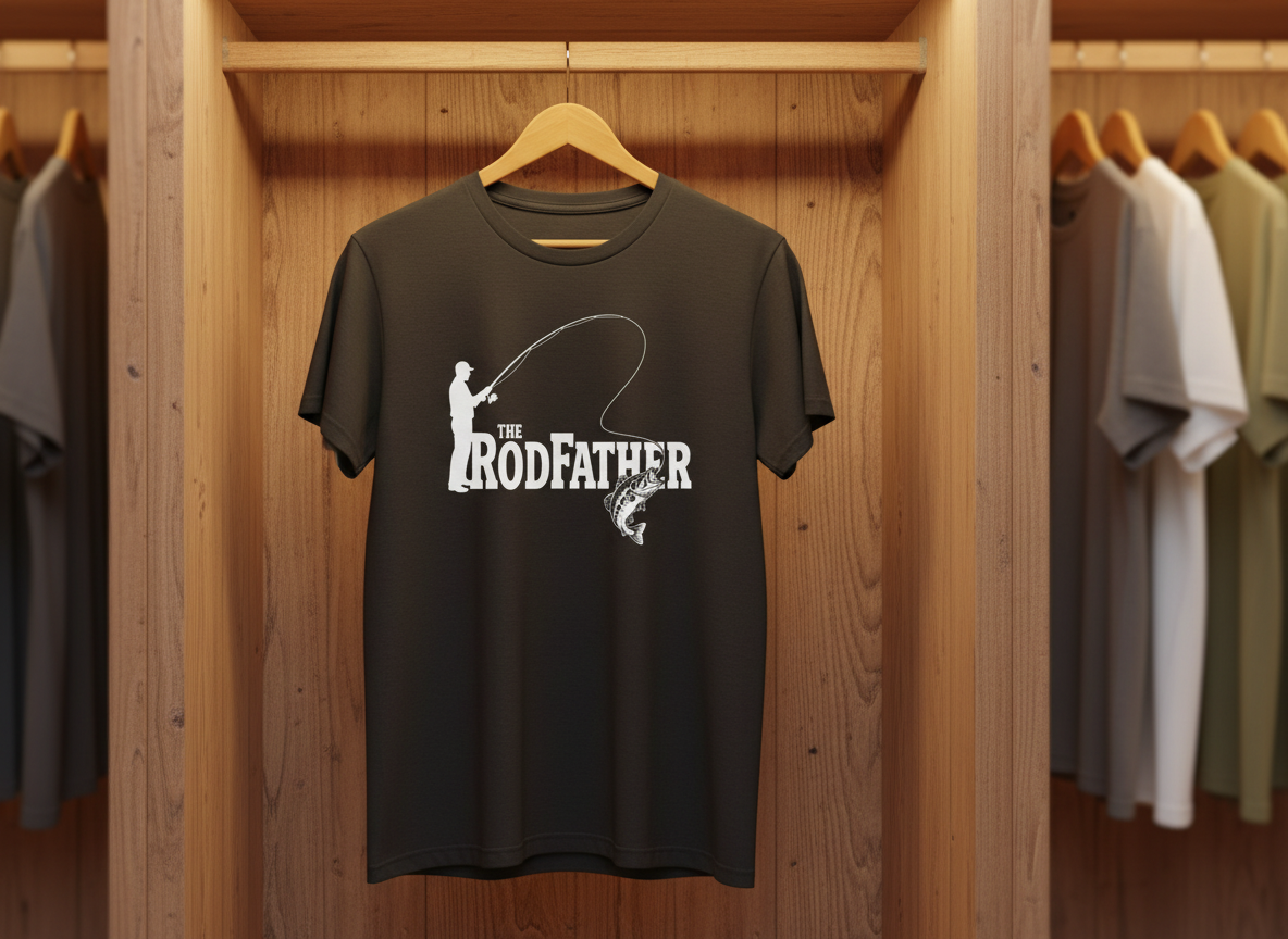 Black t-shirt with 'The Rod Father' graphic on a wooden rack.