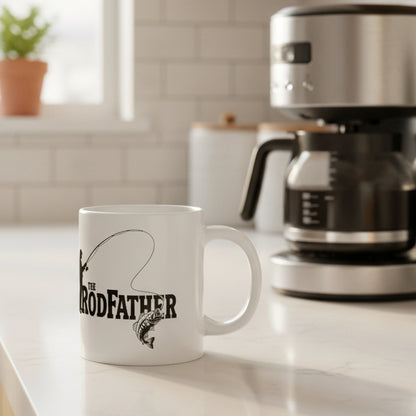 White mug with 'The Rodfather' design featuring a fish and fishing rod on a white background