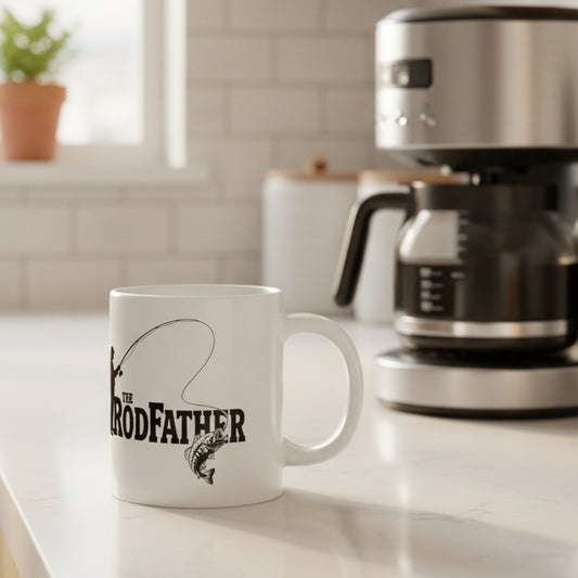White mug with 'The Rodfather' design featuring a fish and fishing rod on a white background