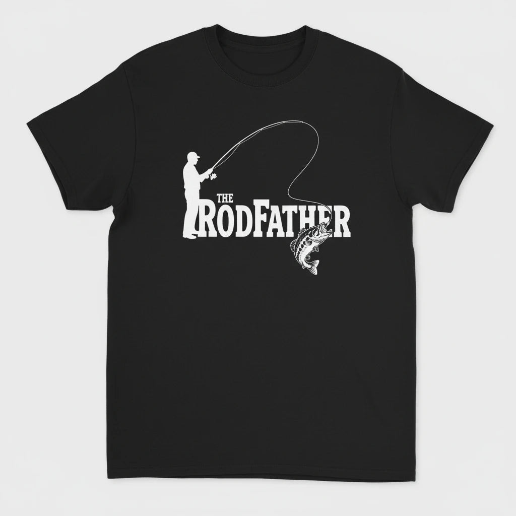 Black t-shirt with 'The Rodfather' graphic design on a white background
