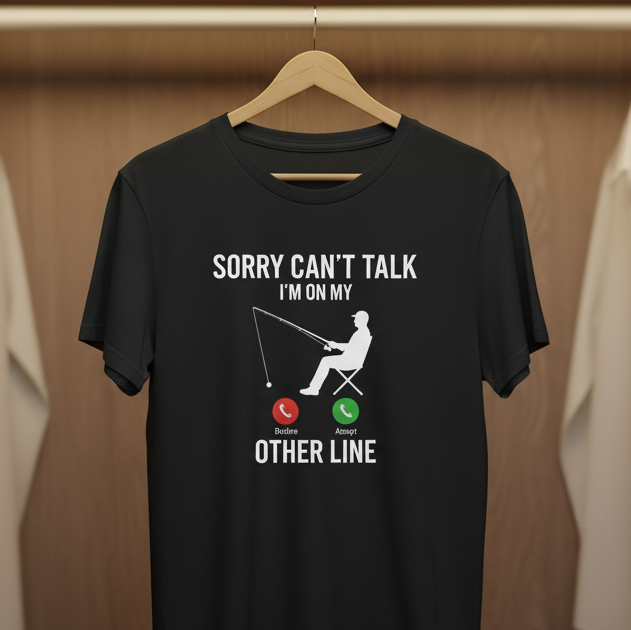 Black t-shirt with a graphic design hanging in a wardrobe with other clothes.