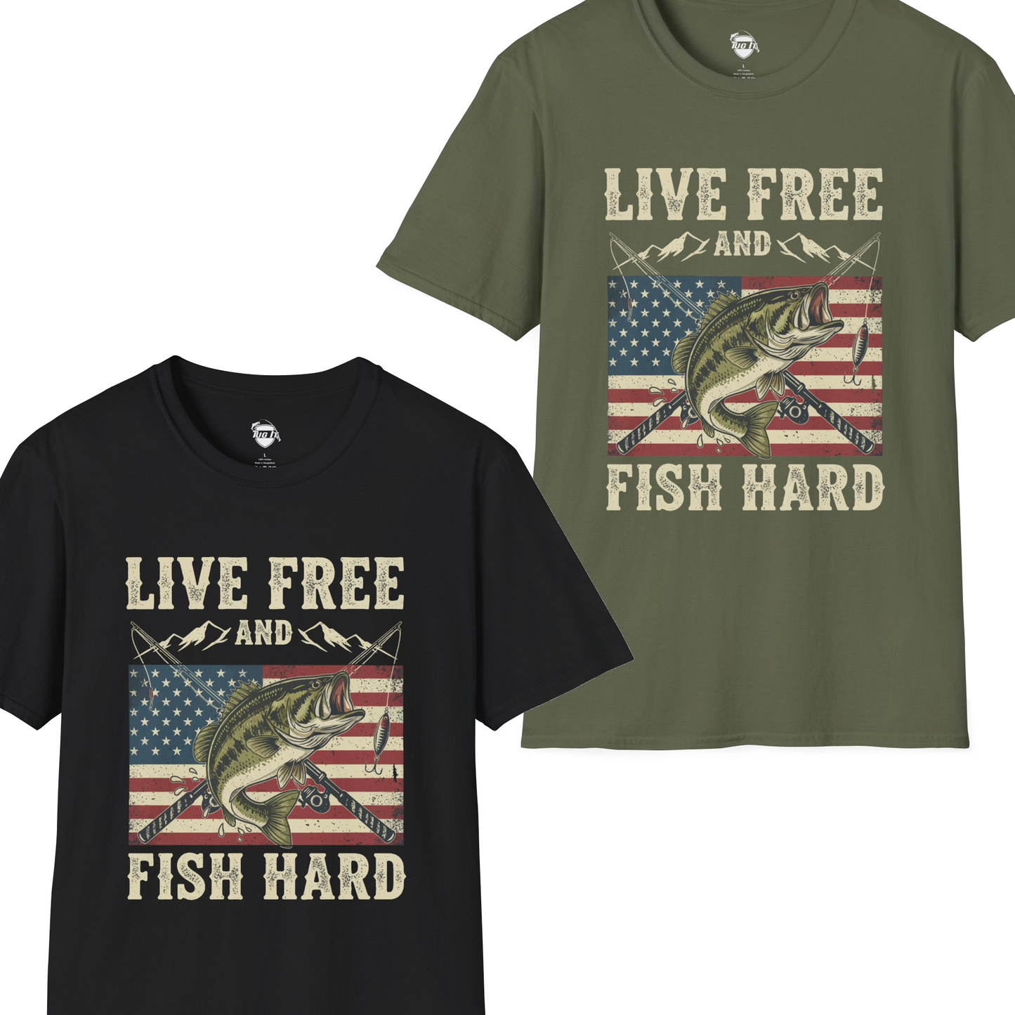 Live Free and Fish Hard Patriotic Bass Tee