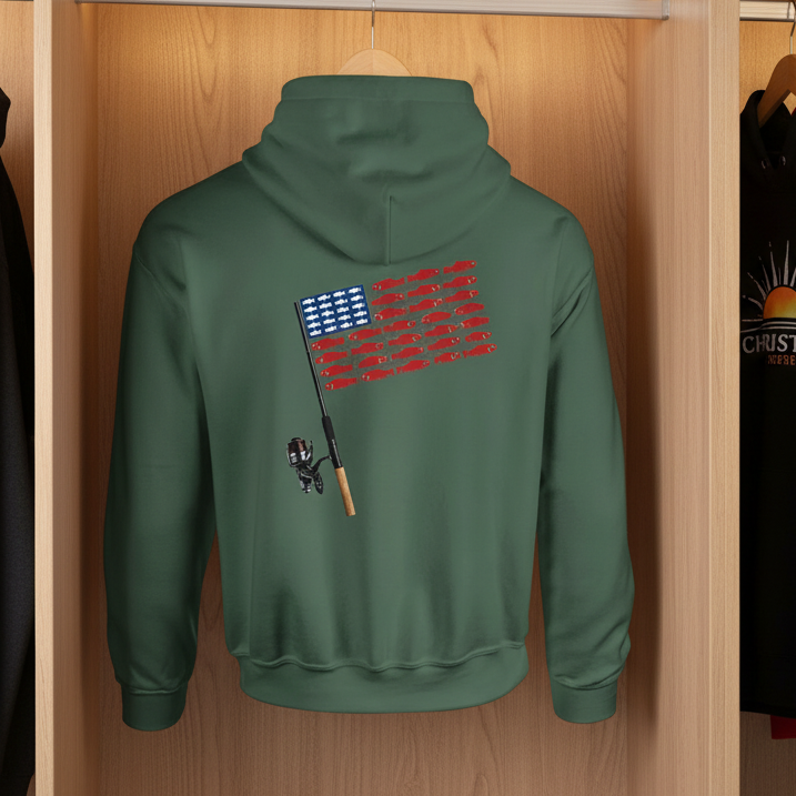 Green hoodie with a unique design on the back, displayed against a wooden background.