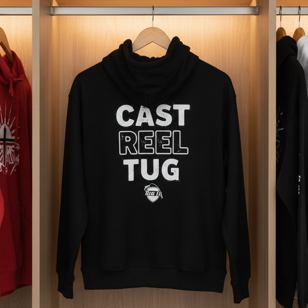Black hoodie with 'CAST REEL TUG' text hanging in a wardrobe with other colorful hoodies.