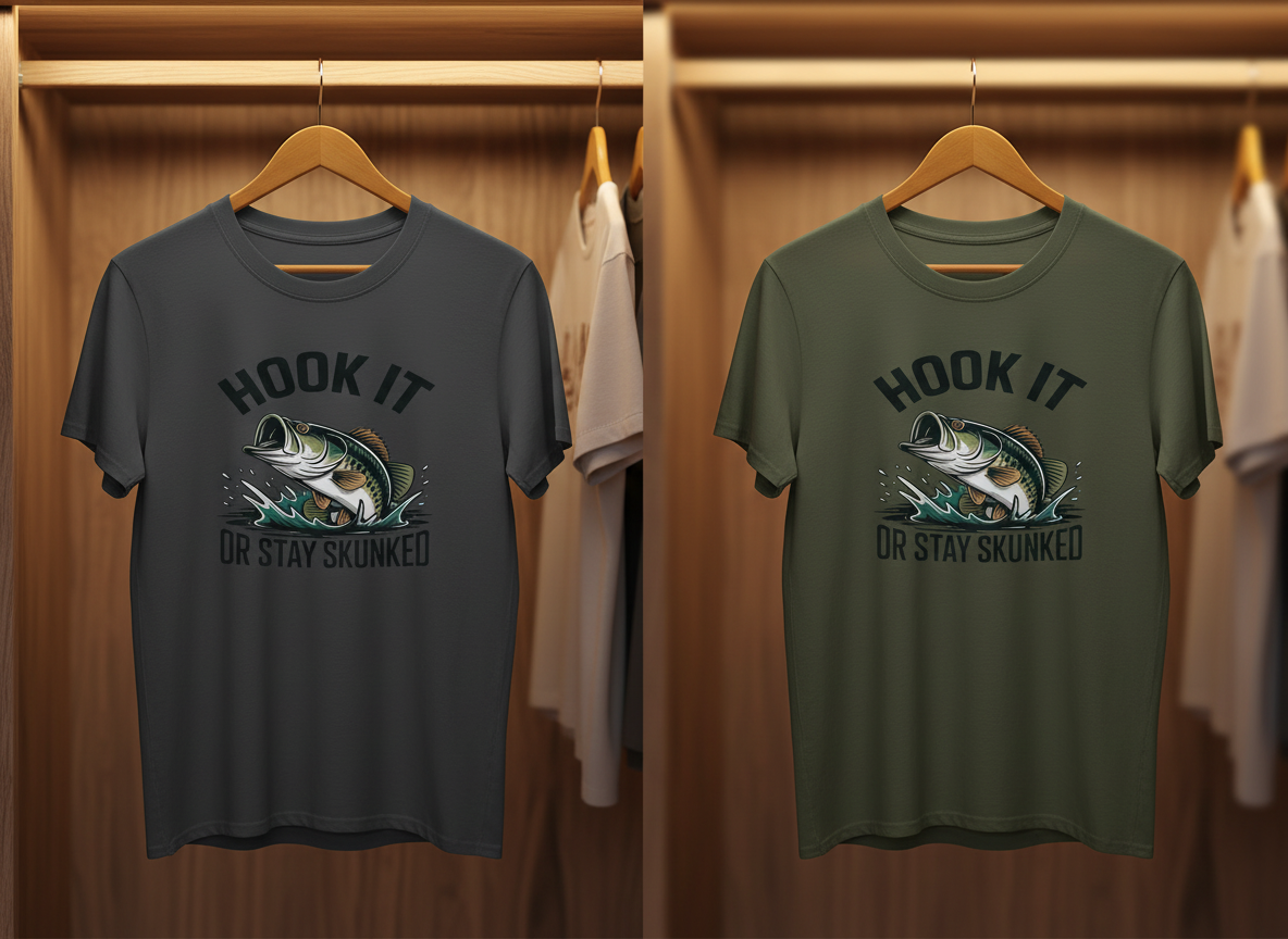 Two t-shirts with a fish graphic and text on hangers in a closet.