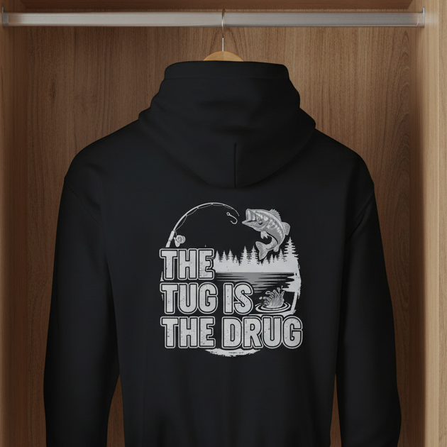 Black hoodie with graphic design and text on a wooden wardrobe background